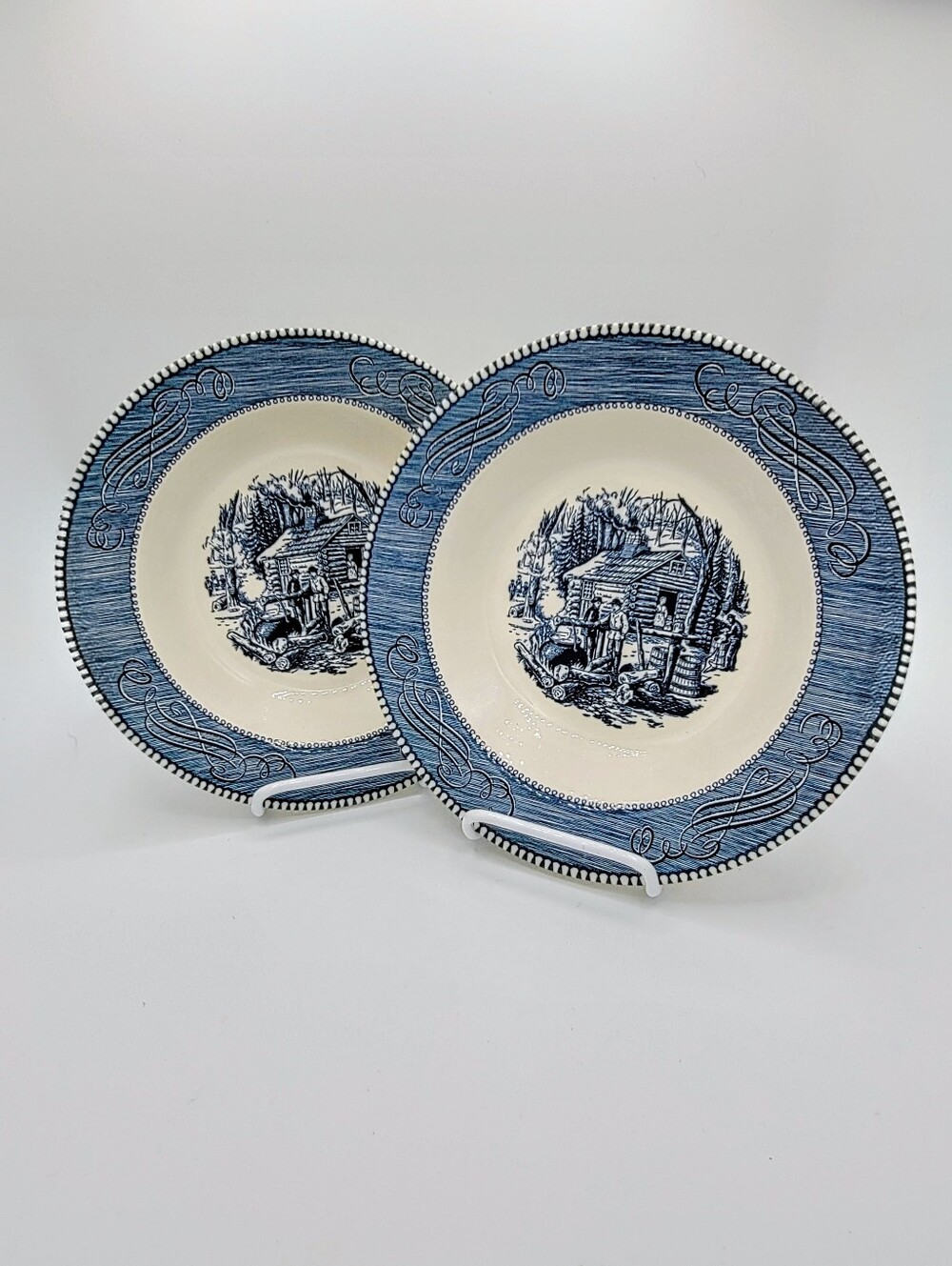 Currier Ives Maple Sugaring Blue Transferware Soup Pasta Bowls Set Of 2 Ironston